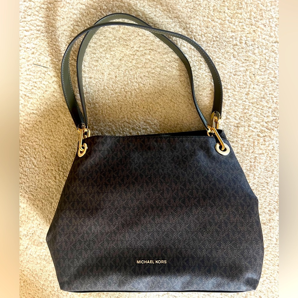 NWT Michael Kors purse. Brown on brown logo, olive detail and gold hardware.